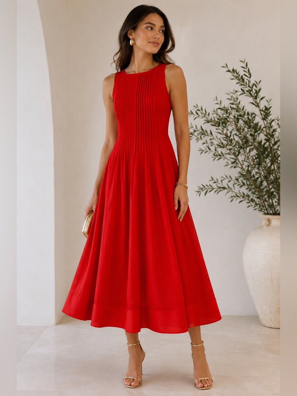 Endless Rose Elegant Pleated Sleeveless Midi Dress Bright Red Polyester